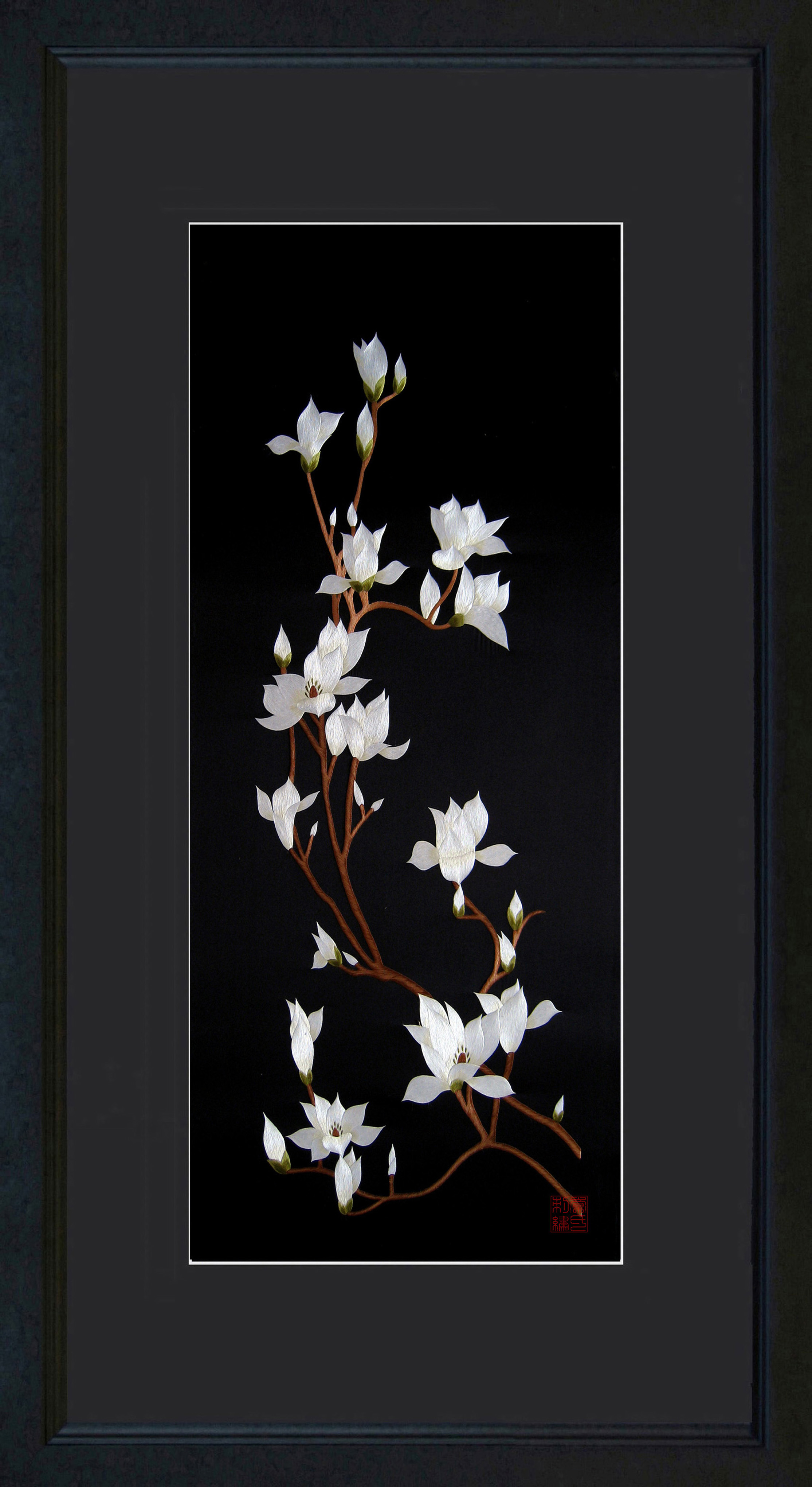 76068 White Magnolia Branch on Black - Image 2