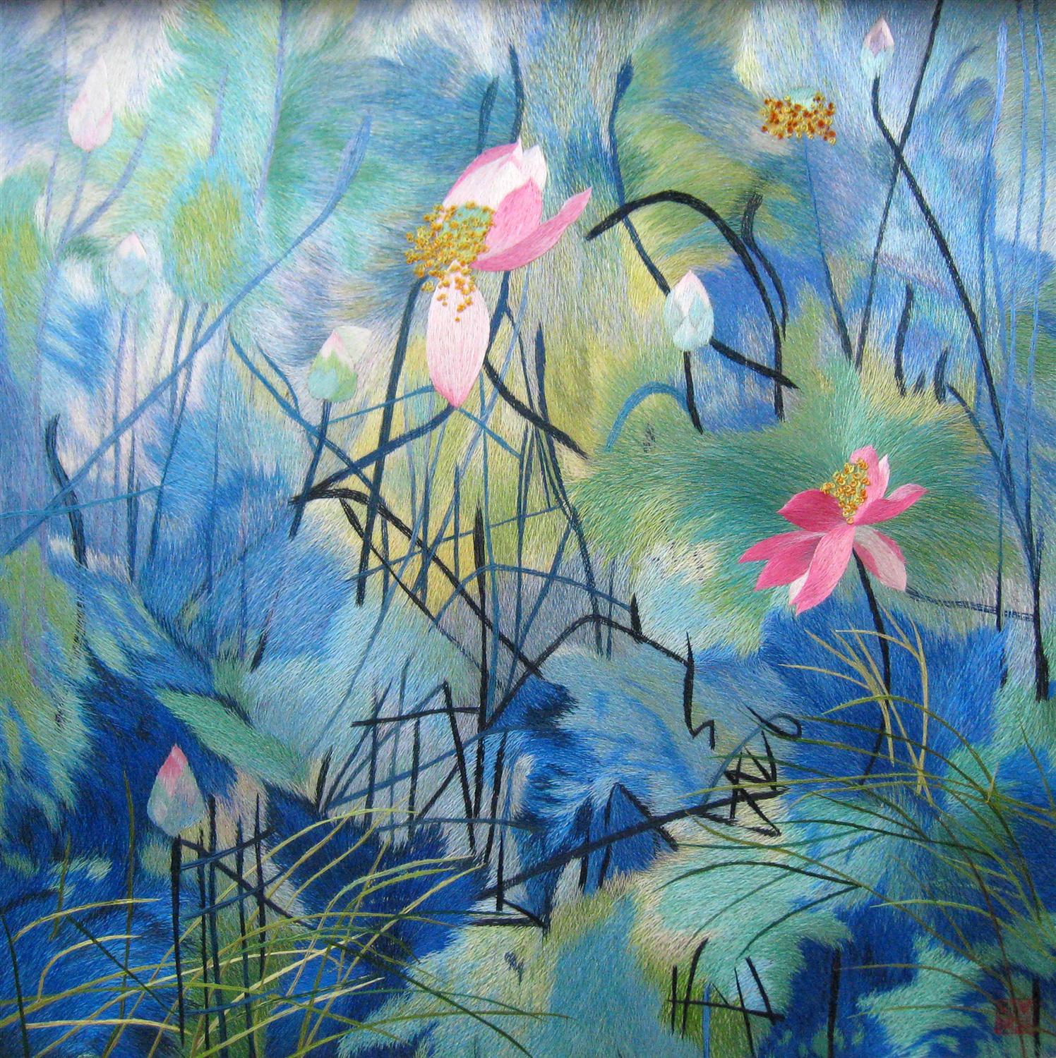 76088 Green Painted Lotus Abstract